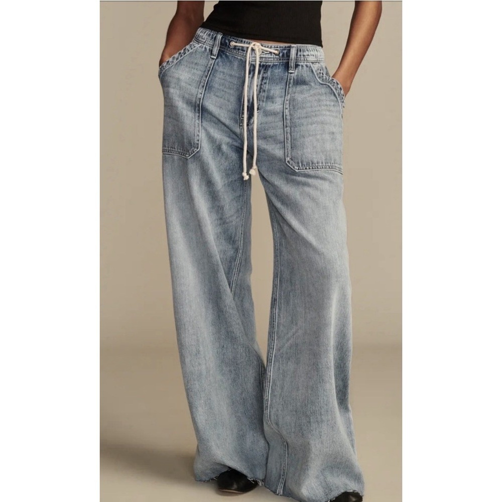 Lucky Brand Drawstring Wide Leg Raw Hem Utility Denim Boho Jeans Women's Sz-M